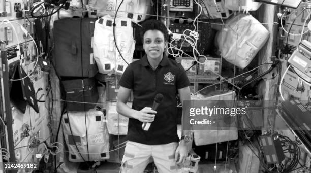 In this screengrab provided by AFPTV on August 9 US astronaut Jessica Watkins speaks during an interview from the Columbus module of the...