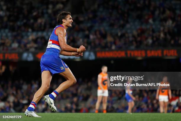 Jamarra Ugle-Hagan of the Bulldogs celebrates a goal during the 2022 AFL Round 22 match between the Western Bulldogs and the GWS Giants at Marvel...