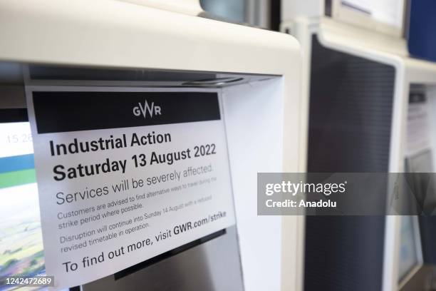 Note, announcing the strike, is hung on a ticket machine at a train station in London, United Kingdom on August 12 as fresh railway strikes hit the...