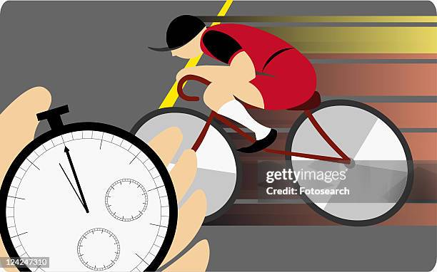 ilustrações, clipart, desenhos animados e ícones de close-up of a person's hand holding a stopwatch and a man cycling in background - mode