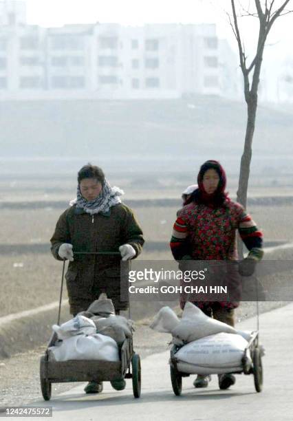 Two North Korean peasant women push trolleys with their farm produce on the road to Pyongyang, 13 February 2003. Famine, which may have wiped out...