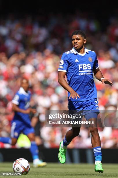 Leicester City's French defender Wesley Fofana runs with the ball during the English Premier League football match between Arsenal and Leicester City...