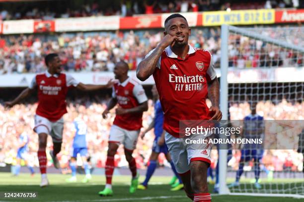 Arsenal's Brazilian striker Gabriel Jesus celebrates after scoring their second goal during the English Premier League football match between Arsenal...