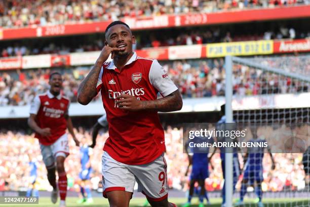 Arsenal's Brazilian striker Gabriel Jesus celebrates after scoring their second goal during the English Premier League football match between Arsenal...