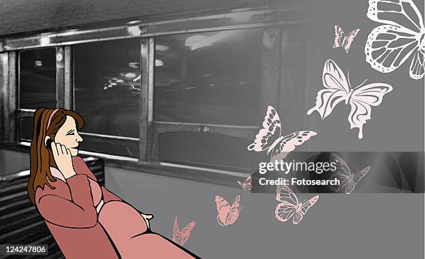 ilustrações, clipart, desenhos animados e ícones de side profile of a pregnant woman talking on a mobile phone and sitting in a train - mode