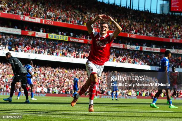 Granit Xhaka of Arsenal celebrates scoring his side's third goal during the Premier League match between Arsenal FC and Leicester City at Emirates...