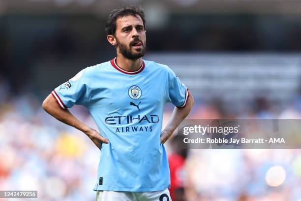 Bernardo Silva of Manchester City during the Premier League match between Manchester City and AFC Bournemouth at Etihad Stadium on August 13, 2022 in...