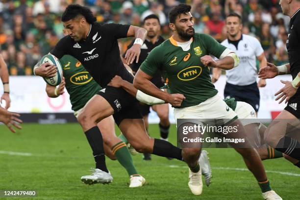 Rieko Ioane of NZ during The Rugby Championship match between South Africa and New Zealand at Emirates Airline Park on August 13, 2022 in...