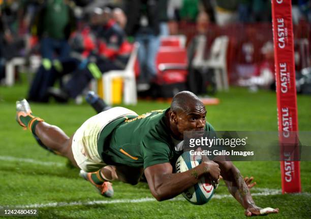 Makazole Mapimpi of the Springbok scores during The Rugby Championship match between South Africa and New Zealand at Emirates Airline Park on August...