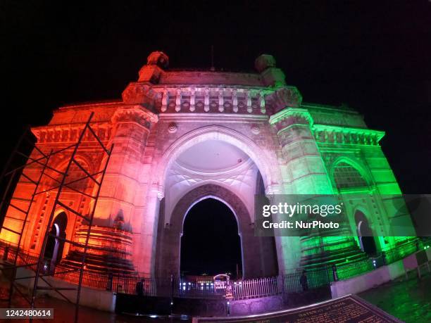 The iconic Gateway Of India lit up in tri-colour as a part of preparation of 75th Independence Day of India in Mumbai, India, 13 August, 2022.