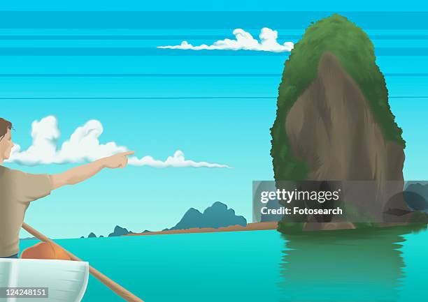 ilustrações, clipart, desenhos animados e ícones de close-up of a young man boating and pointing to a rock - mode