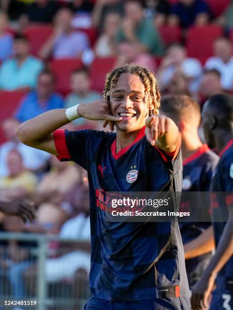 Xavi Simons of PSV celebrates his 1-2 during the Dutch Eredivisie match between Go Ahead Eagles v PSV at the De Adelaarshorst on August 13, 2022 in...