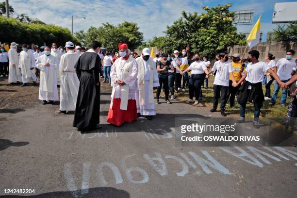 Roman Catholic Cardinal Leopoldo Brenes takes part in a procession of the Virgin of Fatima within the grounds of the Metropolitan Cathedral in...