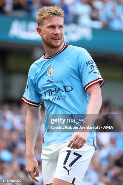 Kevin De Bruyne of Manchester City celebrates after scoring a goal to make it 2-0 during the Premier League match between Manchester City and AFC...