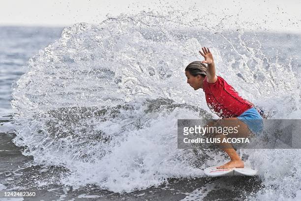 Brazil's Laura Raupp competes in the women's surfing open final during the Pan American Surf Association Games Panama 2022, in Venao Beach, 381 km...
