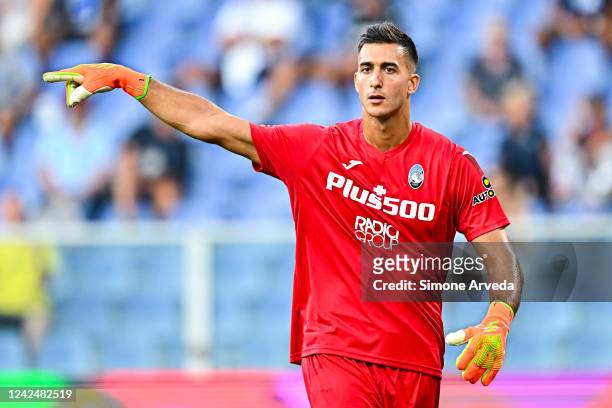 Juan Musso of Atalanta reacts during the Serie A match between UC Sampdoria and Atalanta BC at Stadio Luigi Ferraris on August 13, 2022 in Genoa,...