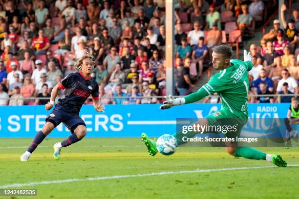 Xavi Simons of PSV scores the fifth goal to make it 1-4 during the Dutch Eredivisie match between Go Ahead Eagles v PSV at the De Adelaarshorst on...