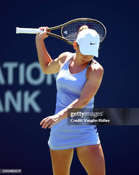 Simona Halep of Romania reacts in her match against Jessica Pegula of the United States during the National Bank Open, part of the Hologic WTA Tour,...
