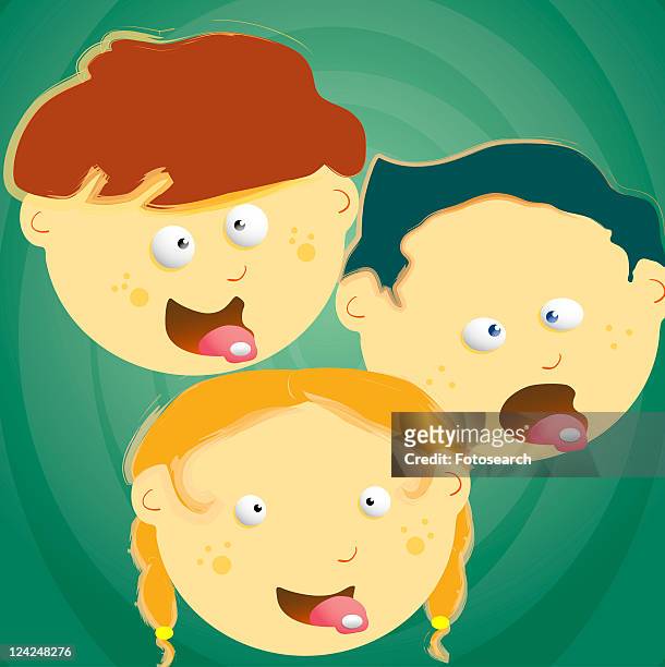 two boys and a girl sticking their tongue out - boy funny face stock-grafiken, -clipart, -cartoons und -symbole