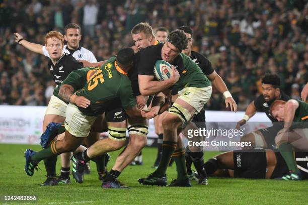 Scott Barrett of New Zealand with the ball during The Rugby Championship match between South Africa and New Zealand at Emirates Airline Park on...