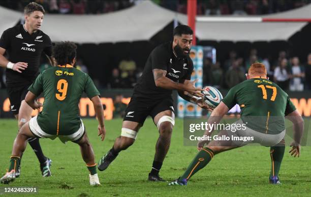 Akira Loane of New Zealand with the ball during The Rugby Championship match between South Africa and New Zealand at Emirates Airline Park on August...