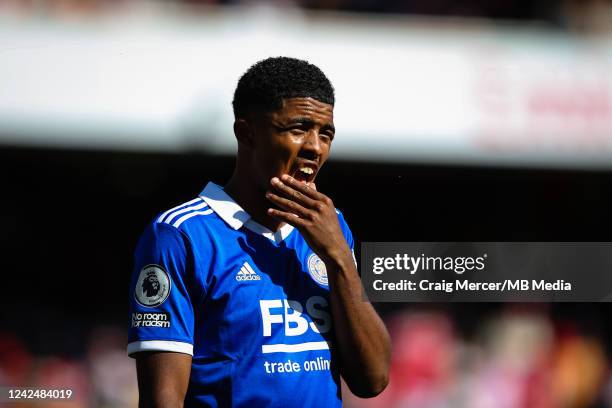 Wesley Fofana of Leicester City reacts during the Premier League match between Arsenal FC and Leicester City at Emirates Stadium on August 13, 2022...