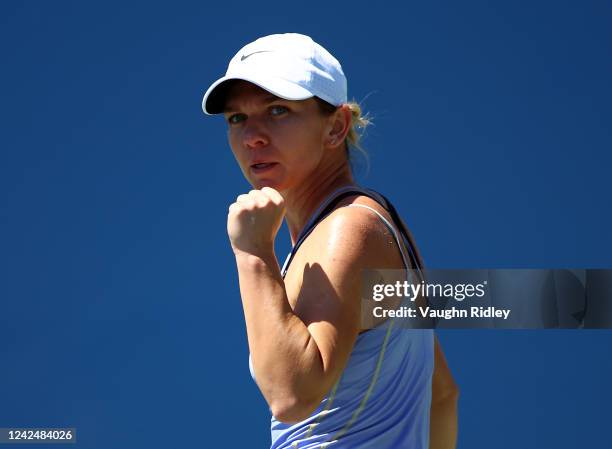 Simona Halep of Romania celebrates a point against Jessica Pegula of the United States during the National Bank Open, part of the Hologic WTA Tour,...