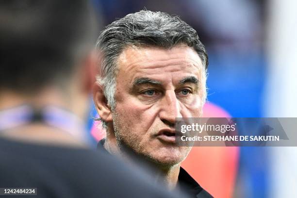 Paris Saint-Germain's French head coach Christophe Galtier looks on beofre the French L1 football match between Paris-Saint Germain and Montpellier...