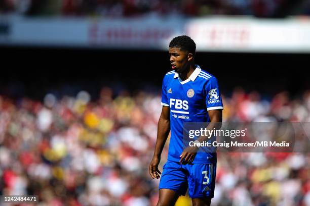 Wesley Fofana of Leicester City looks on during the Premier League match between Arsenal FC and Leicester City at Emirates Stadium on August 13, 2022...