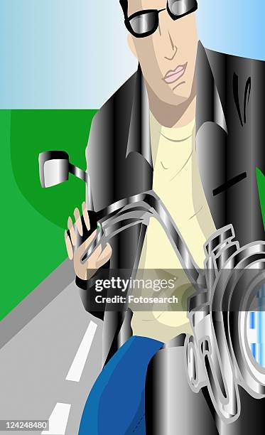 ilustrações, clipart, desenhos animados e ícones de close-up of a young man riding a motorcycle - mode
