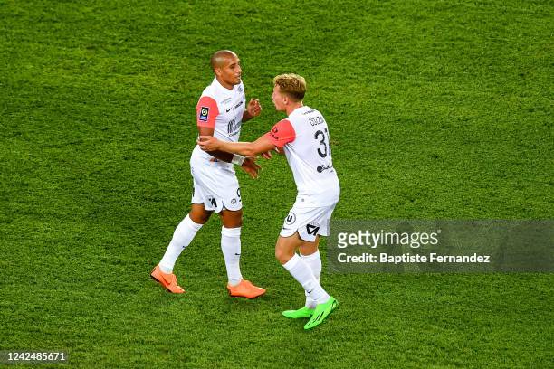 Wahbi KHAZRI of Montpellier celebrates his goal with Matis CARVALHO of Montpellier during the French Ligue 1 Uber Eats soccer match between Paris and...