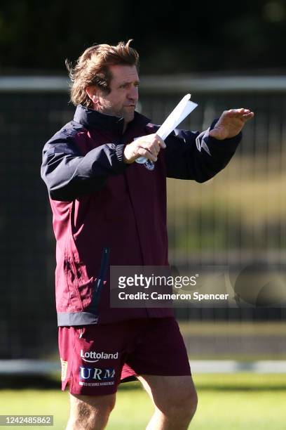 Sea Eagles coach Des Hasler talks to players during a Manly Sea Eagles training session at the Sydney Academy of Sport on June 03, 2020 in Sydney,...