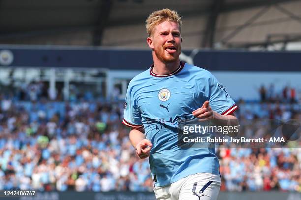 Kevin De Bruyne of Manchester City celebrates after scoring a goal to make it 2-0 during the Premier League match between Manchester City and AFC...