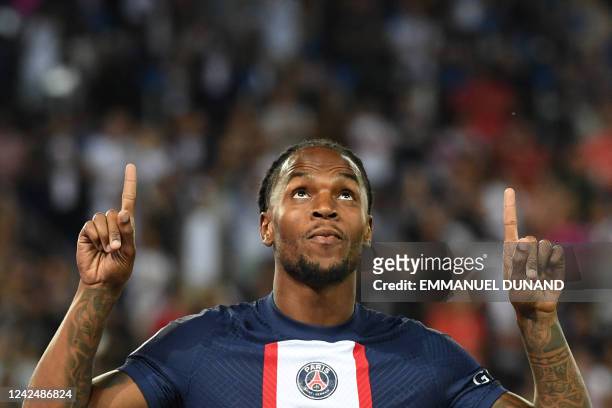 Paris Saint-Germain's Portuguese midfielder Renato Sanches celebrates after scoring his team's fifth goal during the French L1 football match between...