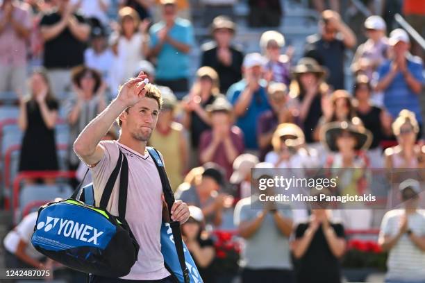 Casper Ruud of Norway salutes the spectators as he walks off the court after his loss to Hubert Hurkacz of Poland in the semifinals during Day 8 of...