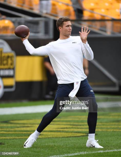 Drew Lock of the Seattle Seahawks warms up before a preseason game against the Pittsburgh Steelers at Acrisure Stadium on August 13, 2022 in...