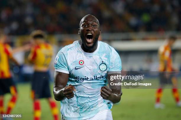 Romelu Lukaku of FC Internazionale celebrates after the goal of 1-2 scored by Denzel Dumfries of FC Internazionale during the Serie A match between...