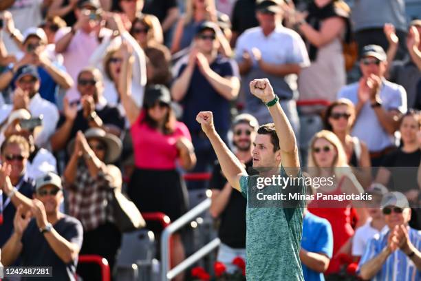 Hubert Hurkacz of Poland celebrates his victory over Casper Ruud of Norway in the semifinals during Day 8 of the National Bank Open at Stade IGA on...