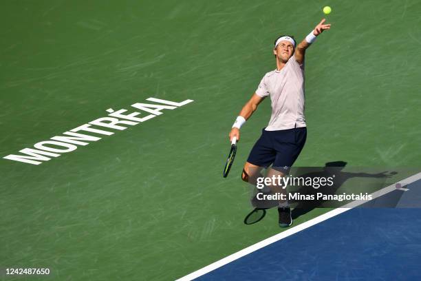 Casper Ruud of Norway serves against Hubert Hurkacz of Poland in the semifinals during Day 8 of the National Bank Open at Stade IGA on August 13,...