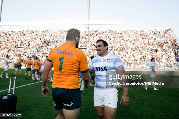 Agustín Creevy of Argentina and James Slipper of Australia greet each other after the Rugby Championship match between Argentina Pumas and Australian...