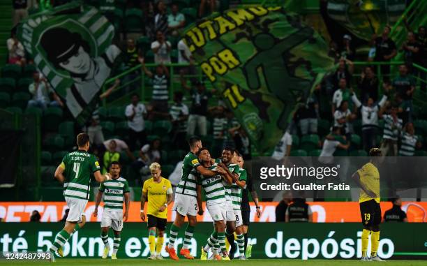 Matheus Nunes of Sporting CP celebrates with teammates after scoring a goal during the Liga Bwin match between Sporting CP and Rio Ave FC at Estadio...