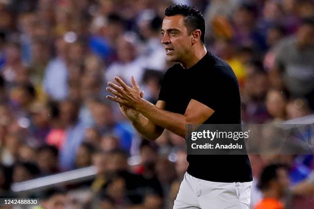 Barcelona's coach Xavi Hernandez during the match between FC Barcelona and Rayo Vallecano at the Camp Nou stadium in Barcelona on August 13, 2022.