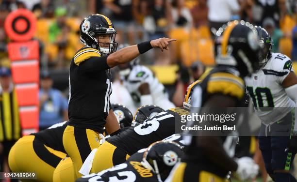 Mitch Trubisky of the Pittsburgh Steelers signals to receivers while under center in the first quarter during a preseason game against the Seattle...