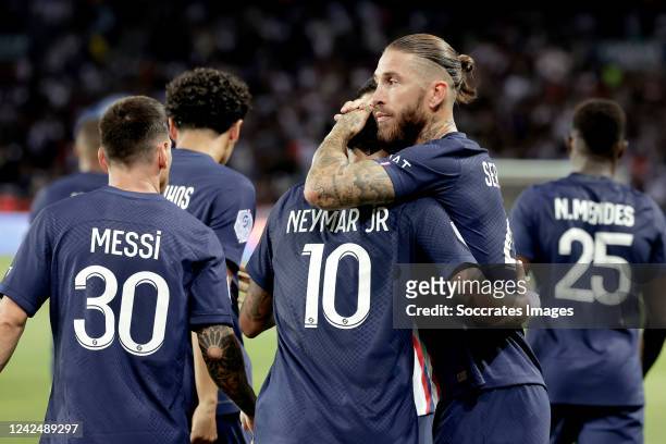 Neymar Jr of Paris Saint Germain celebrates 2-0 with Sergio Ramos of Paris Saint Germain during the French League 1 match between Paris Saint Germain...
