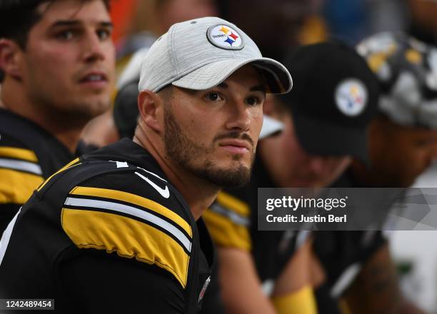 Mitch Trubisky of the Pittsburgh Steelers looks on from the sidelines in the first quarter during a preseason game against the Seattle Seahawks at...