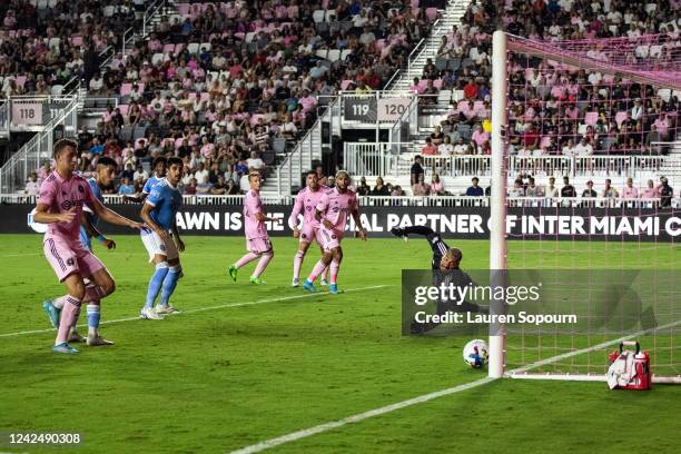 Thiago Eduardo Andrade of New York City FC scores a goal against Drake Callender of Inter Miami CF at DRV PNK Stadium on August 13, 2022 in Fort...