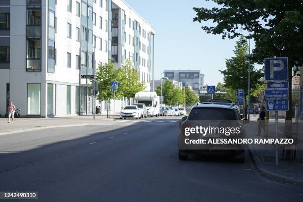 Car with a Russian number plate is seen in Lappeenranta, Finland on August 12, 2022. - A mass of people gathers in the Eastern Finnish city of Imatra...