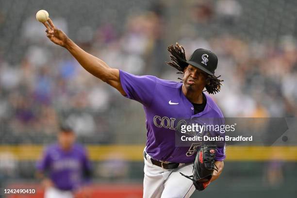 Jose Urena of the Colorado Rockies pitches against the Arizona Diamondbacks in the first inning of a game at Coors Field on August 13, 2022 in...