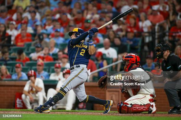 Luis Urias of the Milwaukee Brewers hits a solo home run during the eighth inning against the St. Louis Cardinals at Busch Stadium on August 13, 2022...