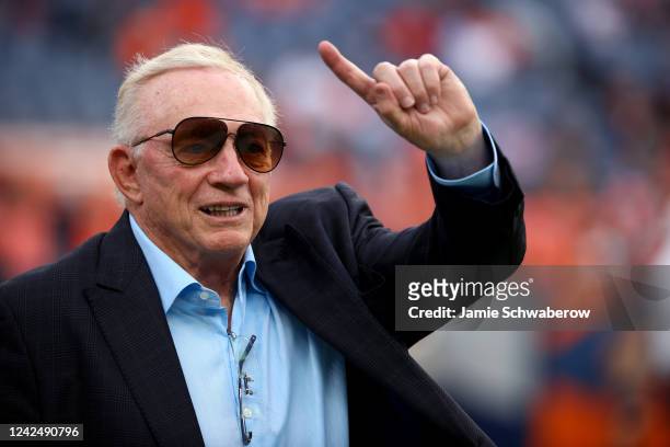 Owner Jerry Jones of the Dallas Cowboys looks on during pregame for a preseason game against the Denver Broncos at Empower Field At Mile High on...